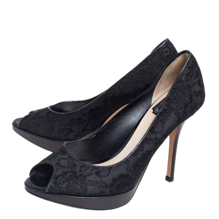 Pre Owned Dior Black Lace Peep Toe Pumps Size 39