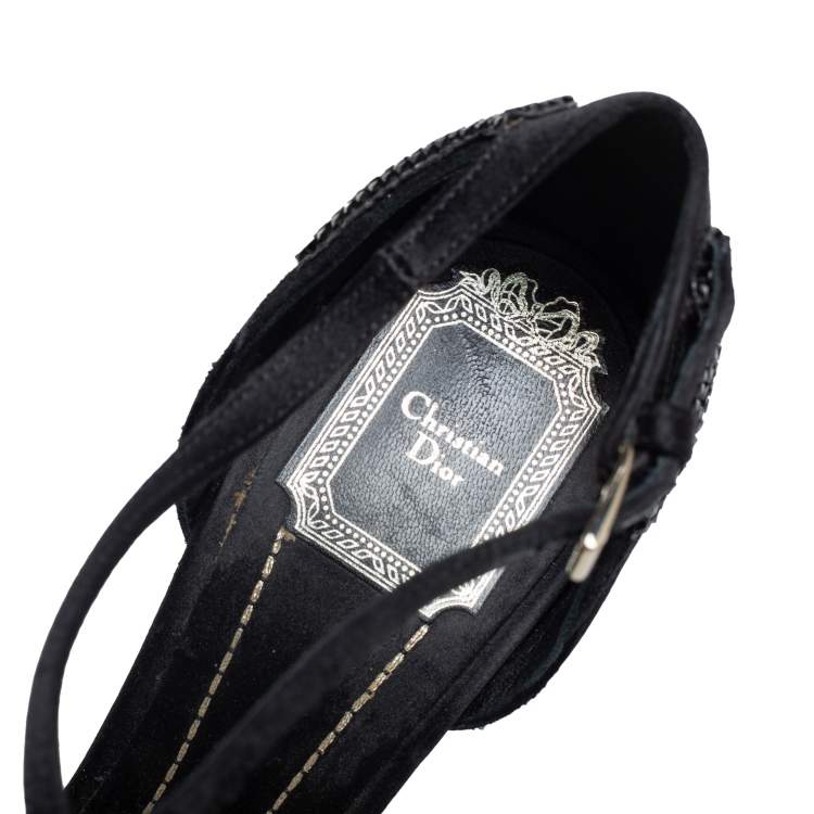 Pre Owned Dior Black Satin Crystal Embellished Peep Toe Ankle Strap Sandals Size 39