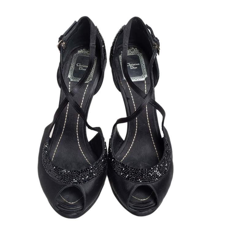 Pre Owned Dior Black Satin Crystal Embellished Peep Toe Ankle Strap Sandals Size 39