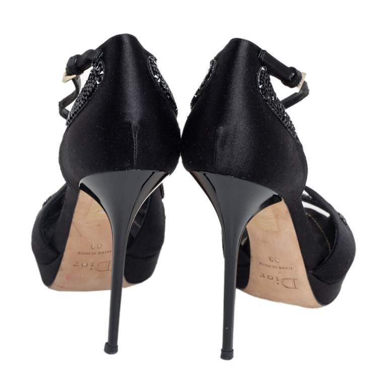 Pre Owned Dior Black Satin Crystal Embellished Peep Toe Ankle Strap Sandals Size 39