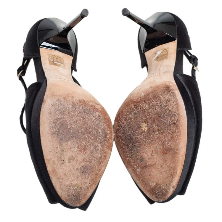 Pre Owned Dior Black Satin Crystal Embellished Peep Toe Ankle Strap Sandals Size 39