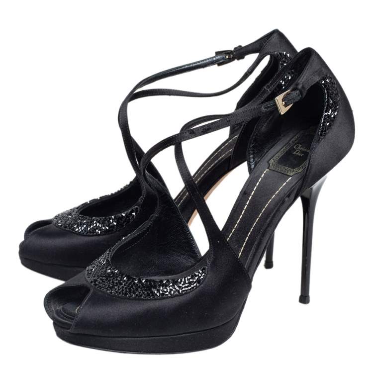 Pre Owned Dior Black Satin Crystal Embellished Peep Toe Ankle Strap Sandals Size 39