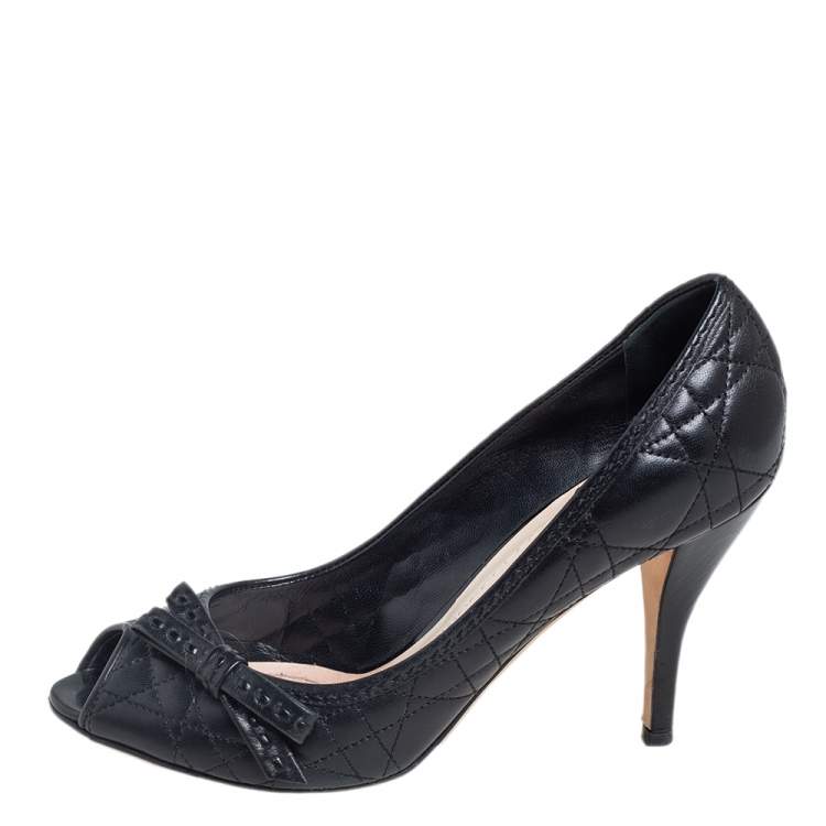 Pre Owned Dior Black Cannage Leather Bow Peep Toe Pumps Size 37