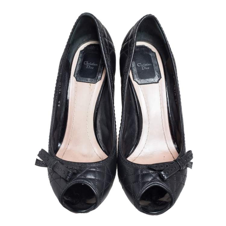 Pre Owned Dior Black Cannage Leather Bow Peep Toe Pumps Size 37