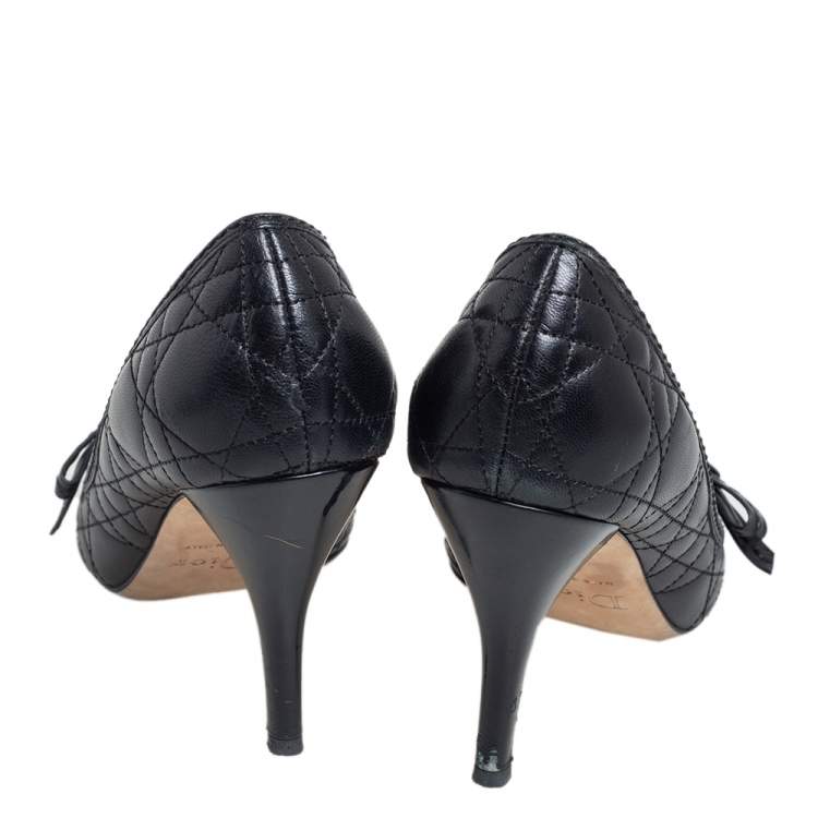 Pre Owned Dior Black Cannage Leather Bow Peep Toe Pumps Size 37