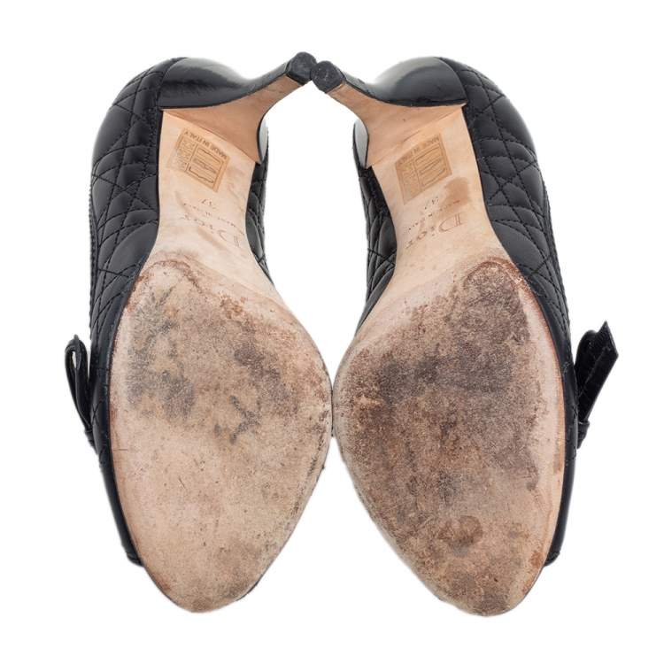 Pre Owned Dior Black Cannage Leather Bow Peep Toe Pumps Size 37