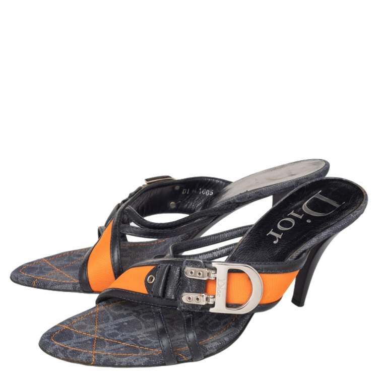 Pre Owned Dior Dark Blue Leather And Trotter Fabric Trim Buckle Detail Cross Strap Sandals Size 39.5