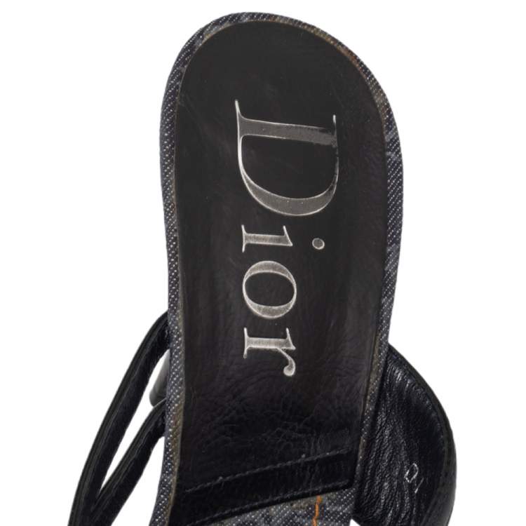Pre Owned Dior Dark Blue Leather And Trotter Fabric Trim Buckle Detail Cross Strap Sandals Size 39.5
