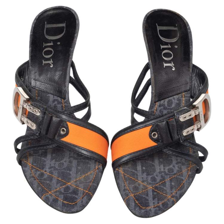 Pre Owned Dior Dark Blue Leather And Trotter Fabric Trim Buckle Detail Cross Strap Sandals Size 39.5