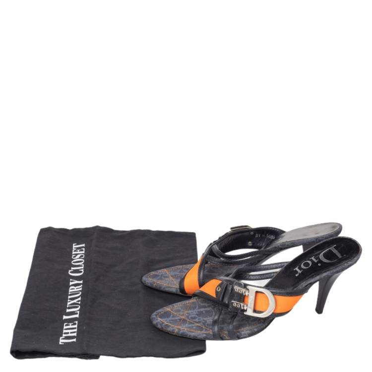 Pre Owned Dior Dark Blue Leather And Trotter Fabric Trim Buckle Detail Cross Strap Sandals Size 39.5