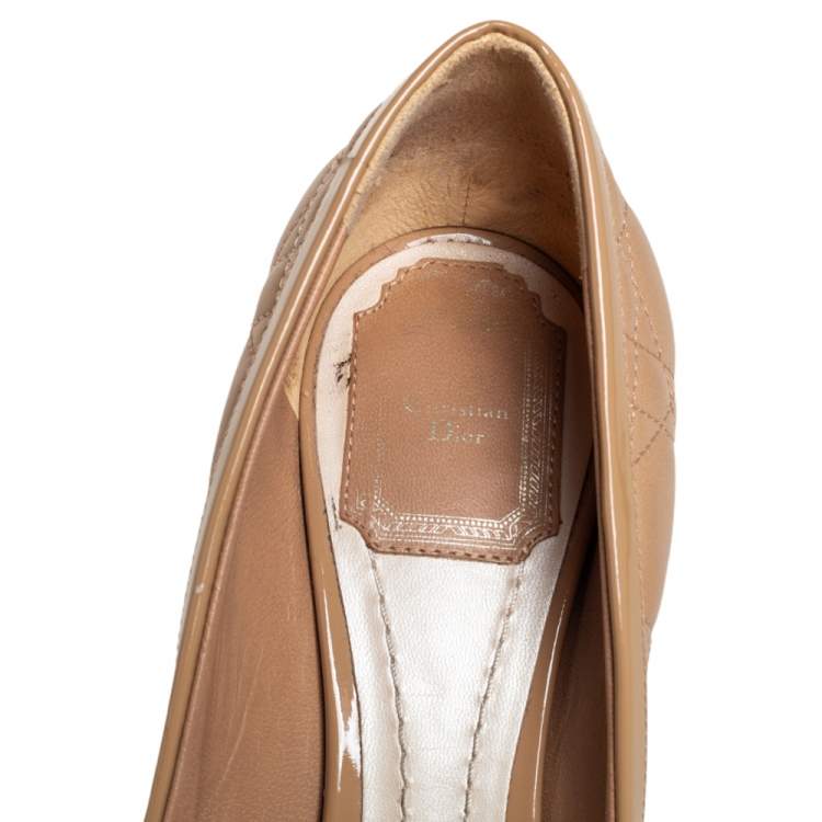 Pre Owned Dior Beige Cannage Leather Bow Detail Peep Toe Pumps Size 39.5