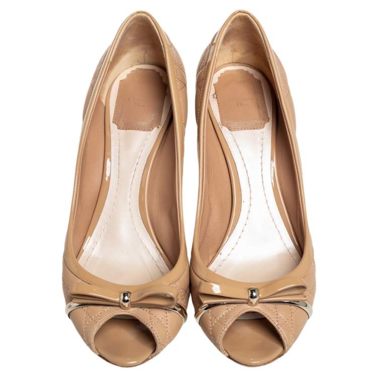 Pre Owned Dior Beige Cannage Leather Bow Detail Peep Toe Pumps Size 39.5