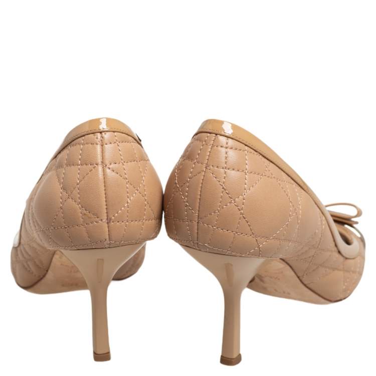 Pre Owned Dior Beige Cannage Leather Bow Detail Peep Toe Pumps Size 39.5