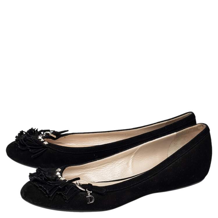 Pre Owned Dior Black Suede Fringe Detail Ballet Flats Size 38