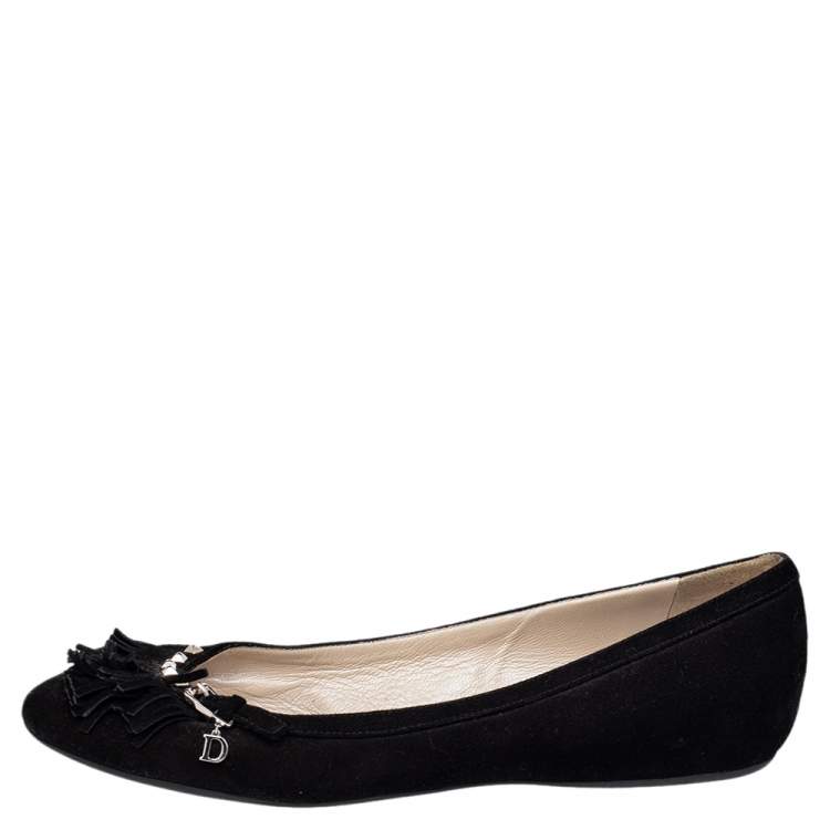 Pre Owned Dior Black Suede Fringe Detail Ballet Flats Size 38