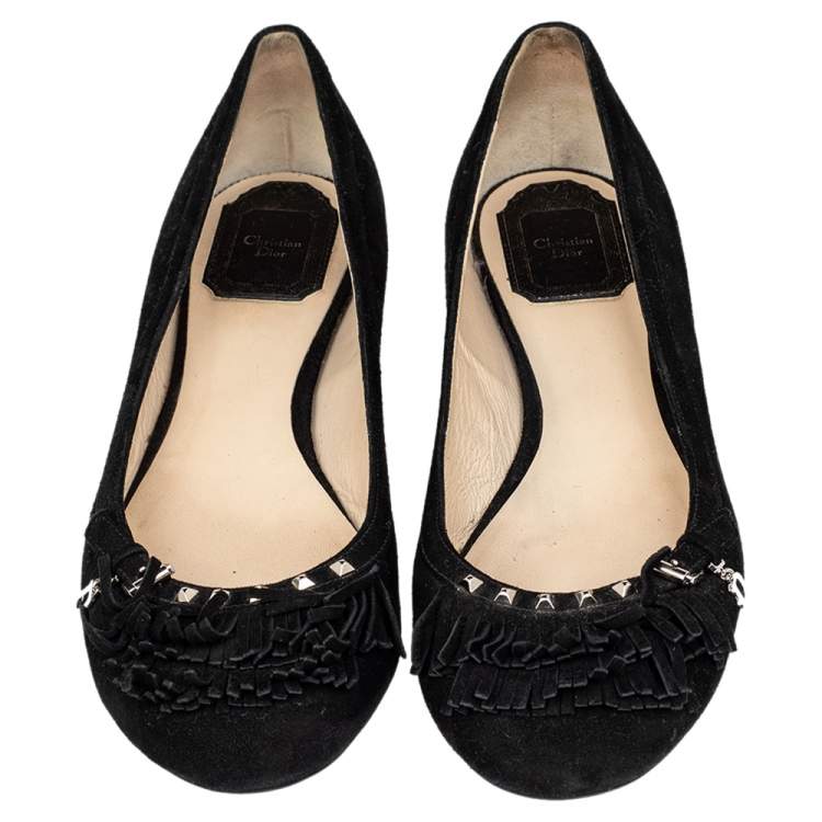 Pre Owned Dior Black Suede Fringe Detail Ballet Flats Size 38