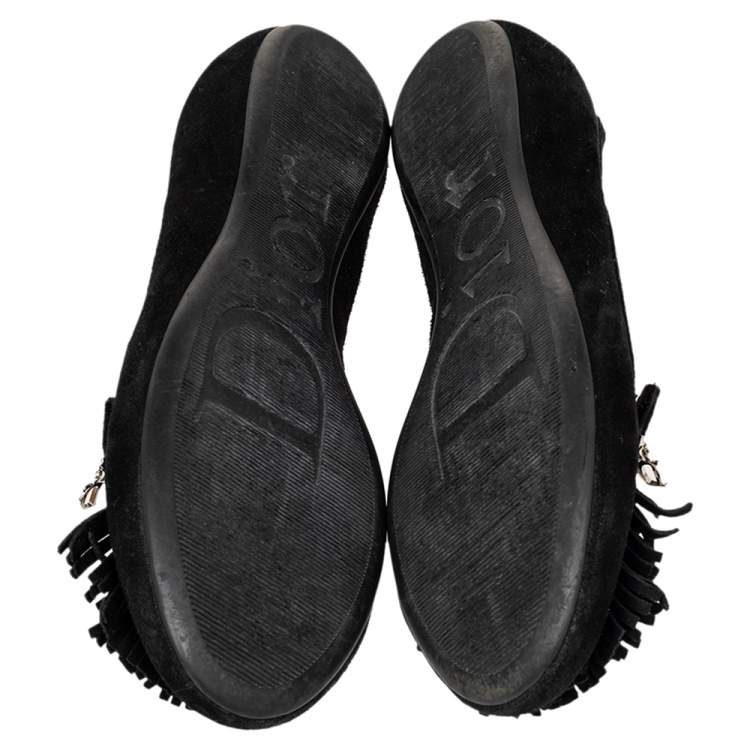 Pre Owned Dior Black Suede Fringe Detail Ballet Flats Size 38