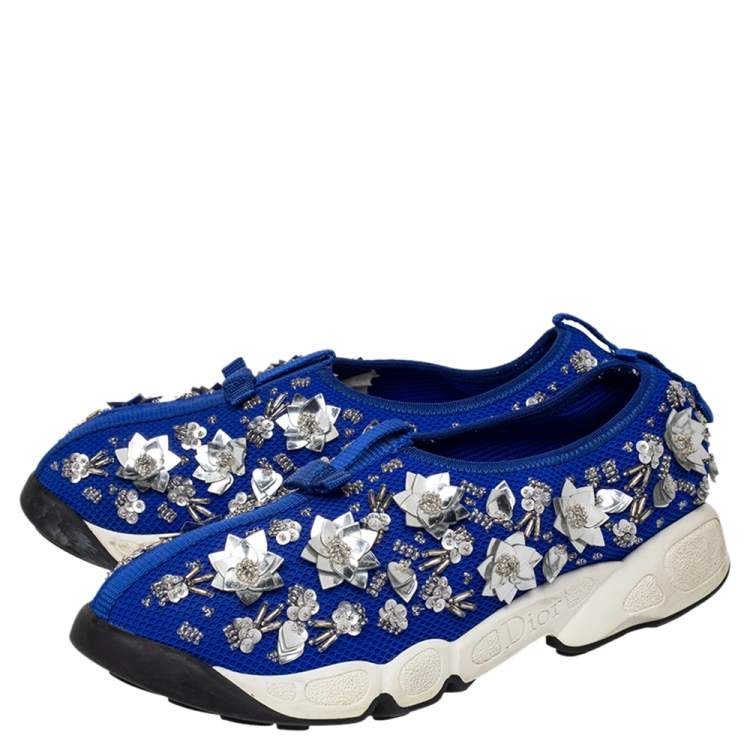 Pre Owned Dior Blue Mesh Fusion Embellished Slip On Sneakers Size 38.5