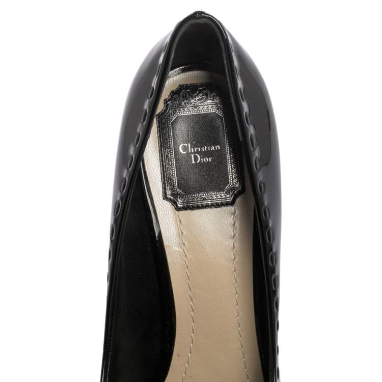 Pre Owned Dior Black Patent Leather Bow Peep Toe Pumps Size 39.5