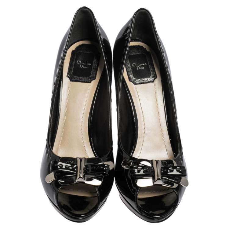 Pre Owned Dior Black Patent Leather Bow Peep Toe Pumps Size 39.5