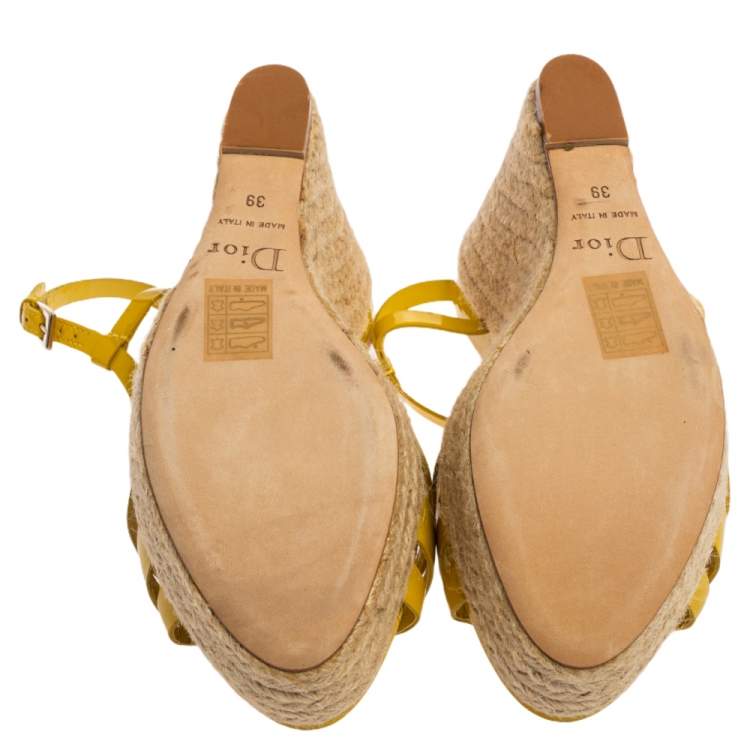 Pre Owned Christian Dior Yellow Patent Leather CD2 T-Strap Espadrille Wedges Size 39