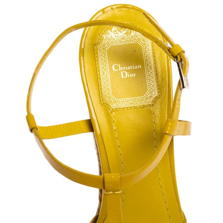 Pre Owned Christian Dior Yellow Patent Leather CD2 T-Strap Espadrille Wedges Size 39