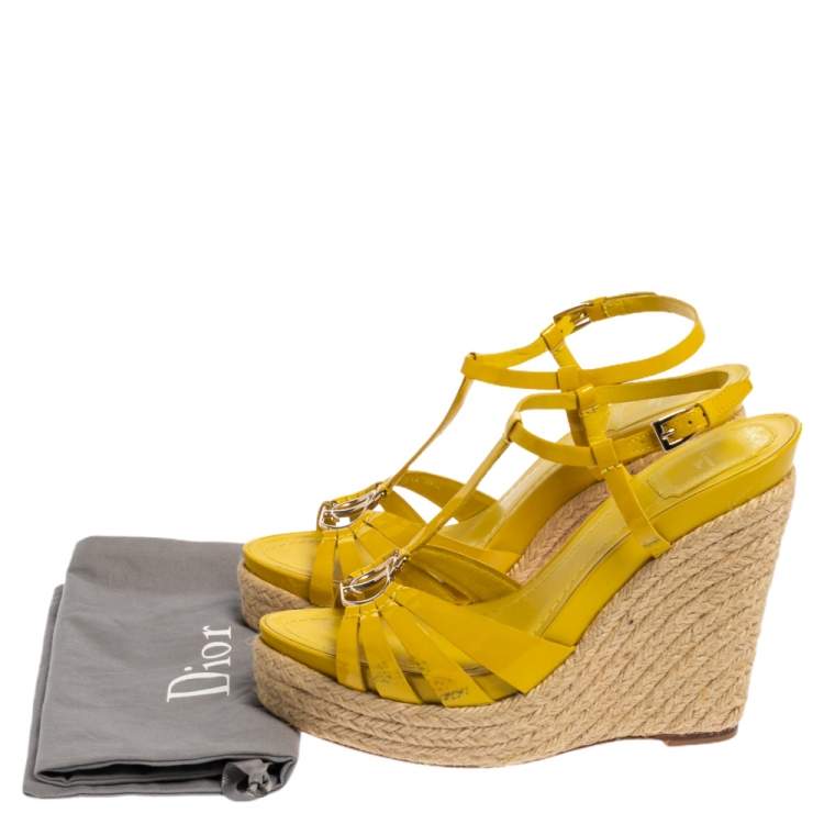 Pre Owned Christian Dior Yellow Patent Leather CD2 T-Strap Espadrille Wedges Size 39