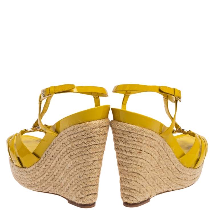Pre Owned Christian Dior Yellow Patent Leather CD2 T-Strap Espadrille Wedges Size 39