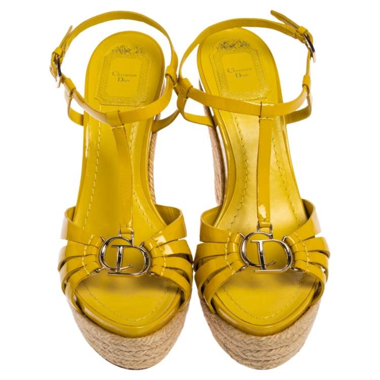 Pre Owned Christian Dior Yellow Patent Leather CD2 T-Strap Espadrille Wedges Size 39