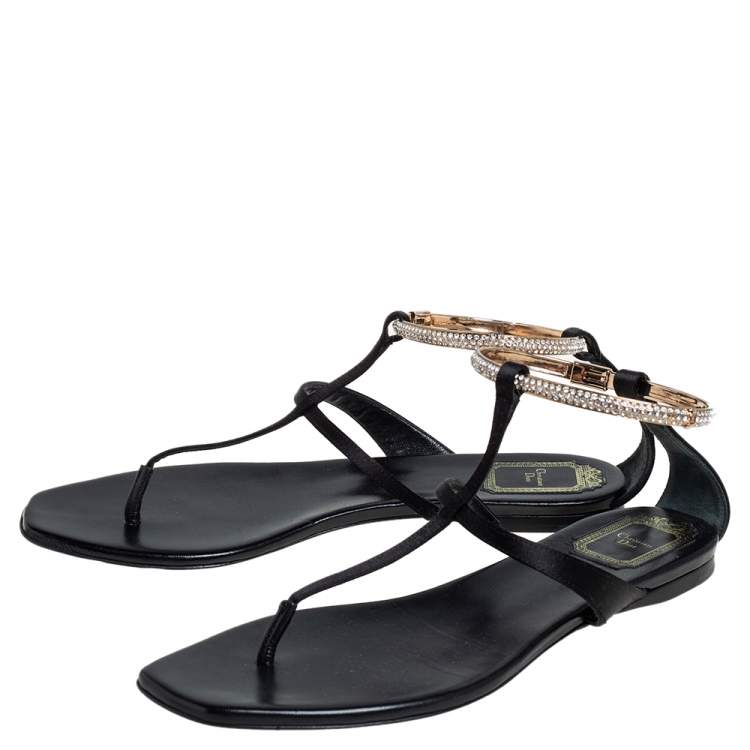 Pre Owned Dior Black Satin Embellished T Strap Flat Sandals Size 39