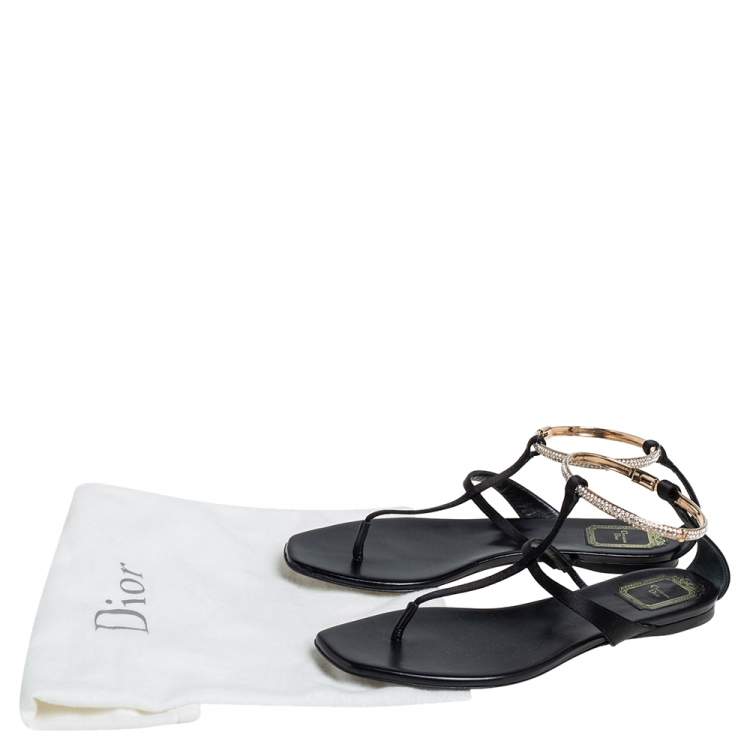Pre Owned Dior Black Satin Embellished T Strap Flat Sandals Size 39