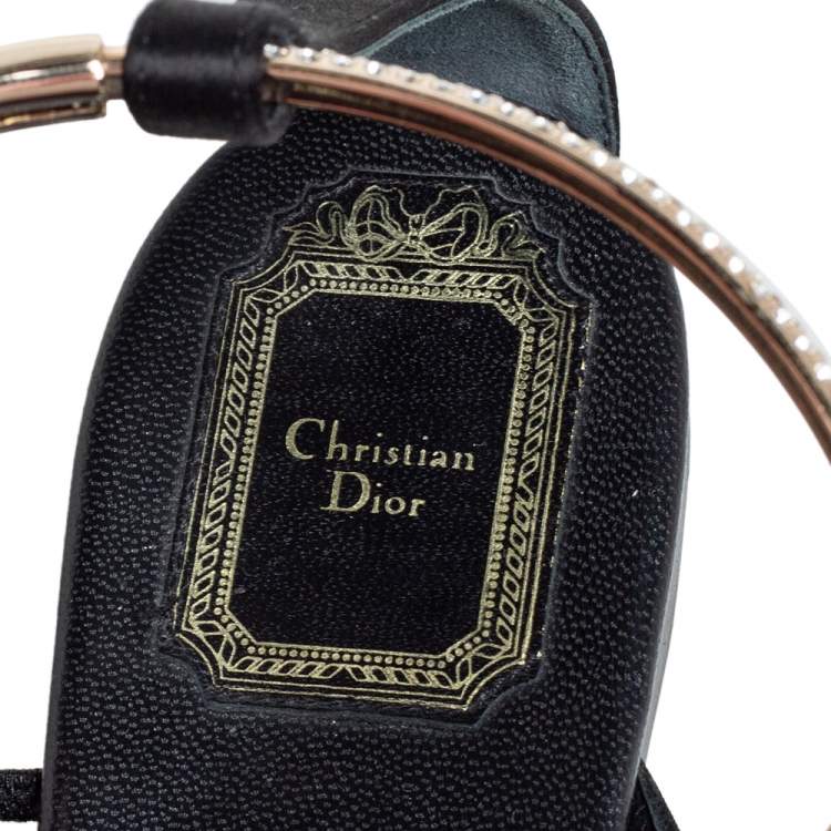Pre Owned Dior Black Satin Embellished T Strap Flat Sandals Size 39