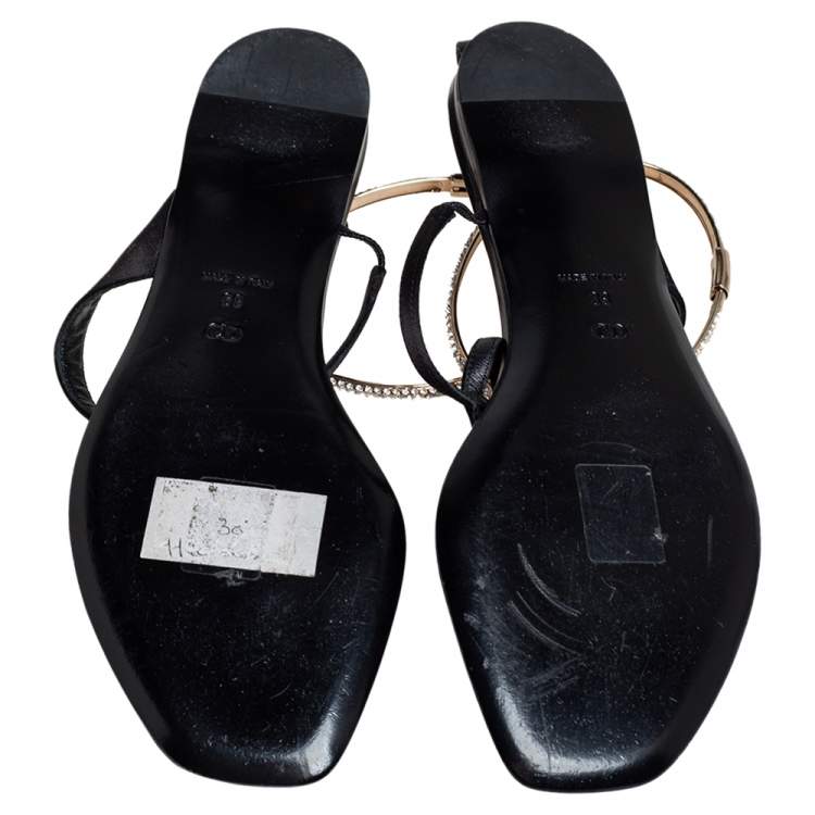 Pre Owned Dior Black Satin Embellished T Strap Flat Sandals Size 39