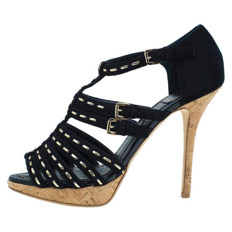 Pre Owned Dior Black Suede Stitched Antica Platform Sandals Size 39.5