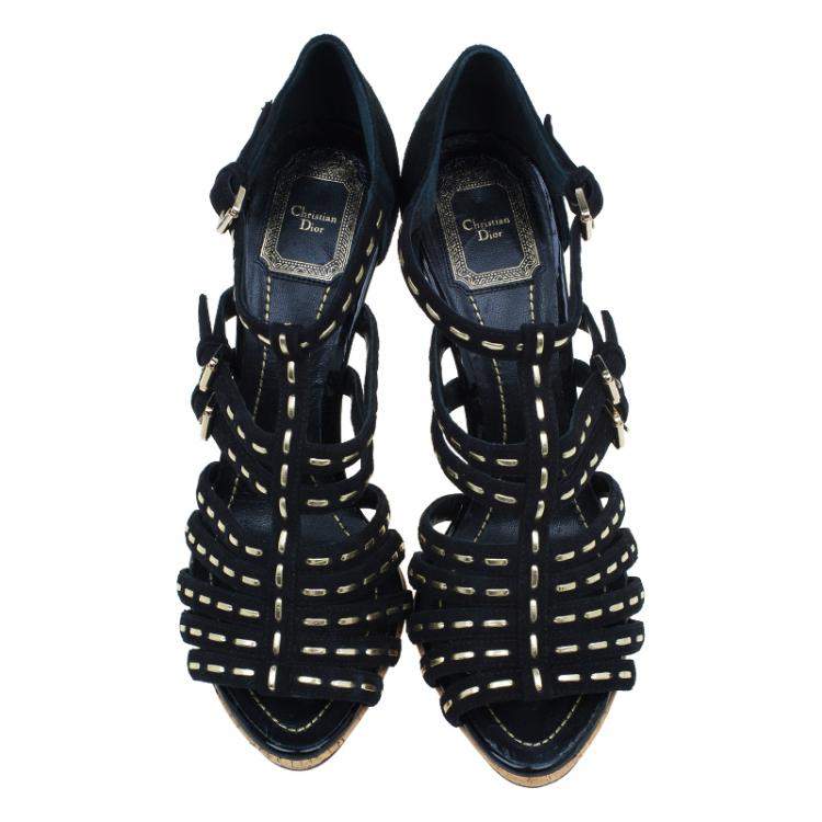 Pre Owned Dior Black Suede Stitched Antica Platform Sandals Size 39.5