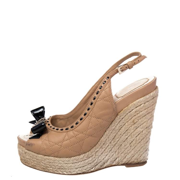 Pre Owned Dior Beige/Black Quilted And Patent Leather Platform Sandals Size 37