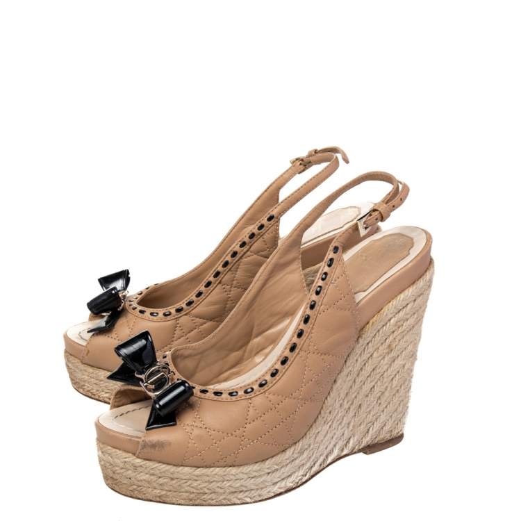 Pre Owned Dior Beige/Black Quilted And Patent Leather Platform Sandals Size 37
