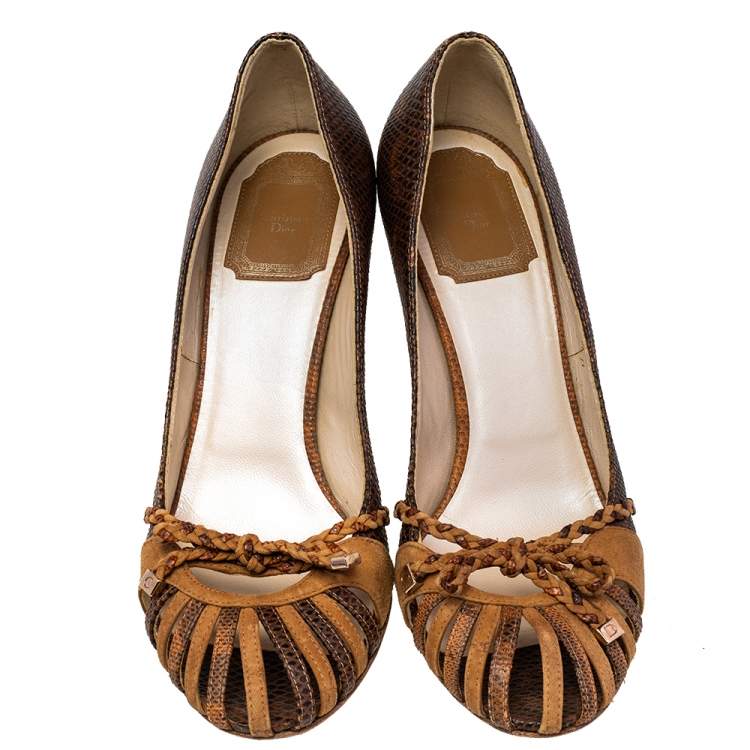 Pre Owned Dior Brown Karung Cut Out Pumps Size 38.5