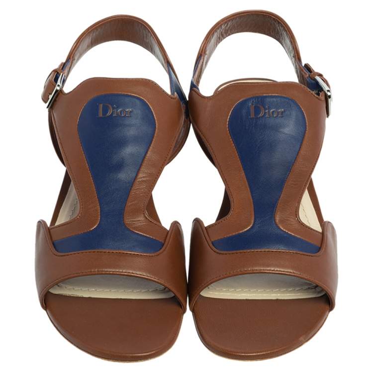 Pre Owned Dior Brown/Blue Leather Chromatic Slingback Flat Sandals Size 41