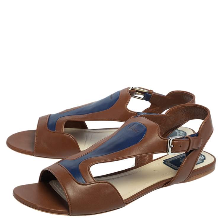 Pre Owned Dior Brown/Blue Leather Chromatic Slingback Flat Sandals Size 41
