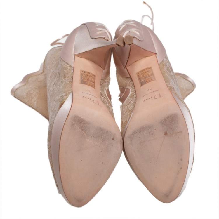 Pre Owned Dior Beige Floral Lace & Satin Peep Toe Platform Booties Size 39