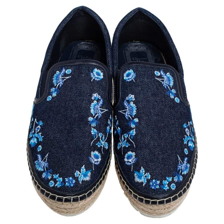 Pre Owned Dior Blue Floral Embroidered Denim Prairie Espadrille Slip On Sneakers Size 38