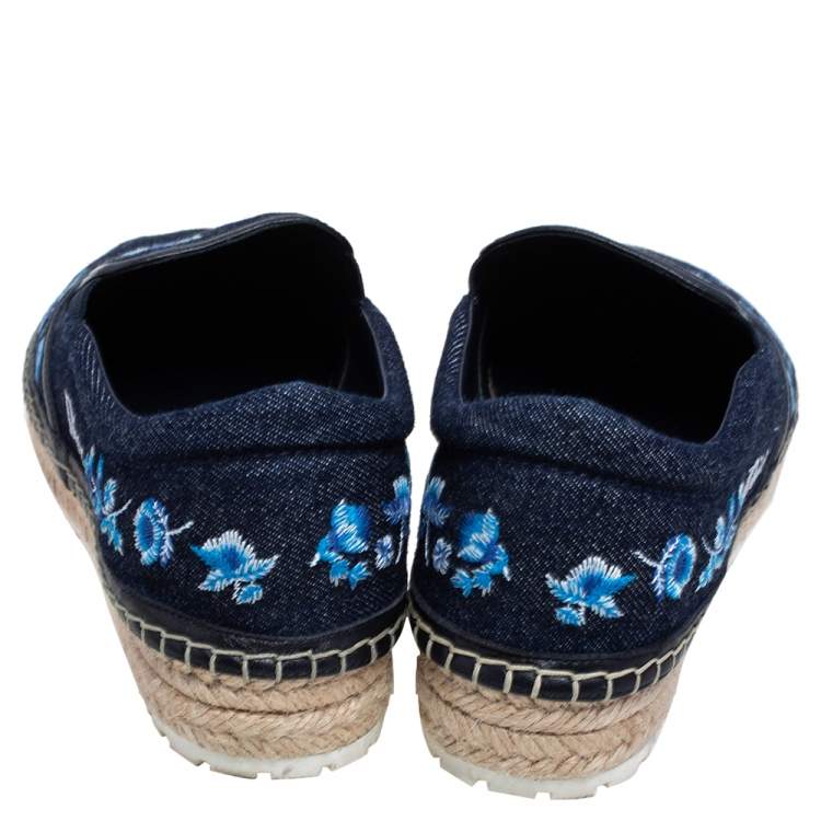Pre Owned Dior Blue Floral Embroidered Denim Prairie Espadrille Slip On Sneakers Size 38