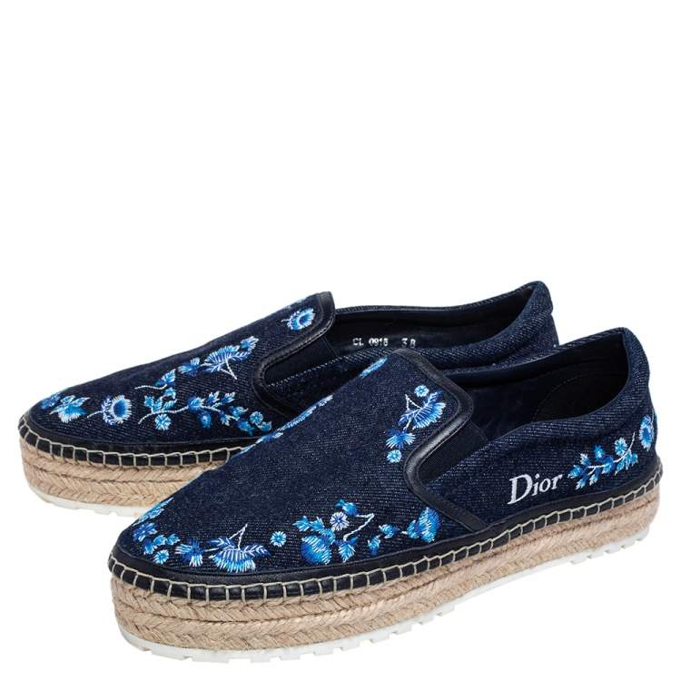 Pre Owned Dior Blue Floral Embroidered Denim Prairie Espadrille Slip On Sneakers Size 38