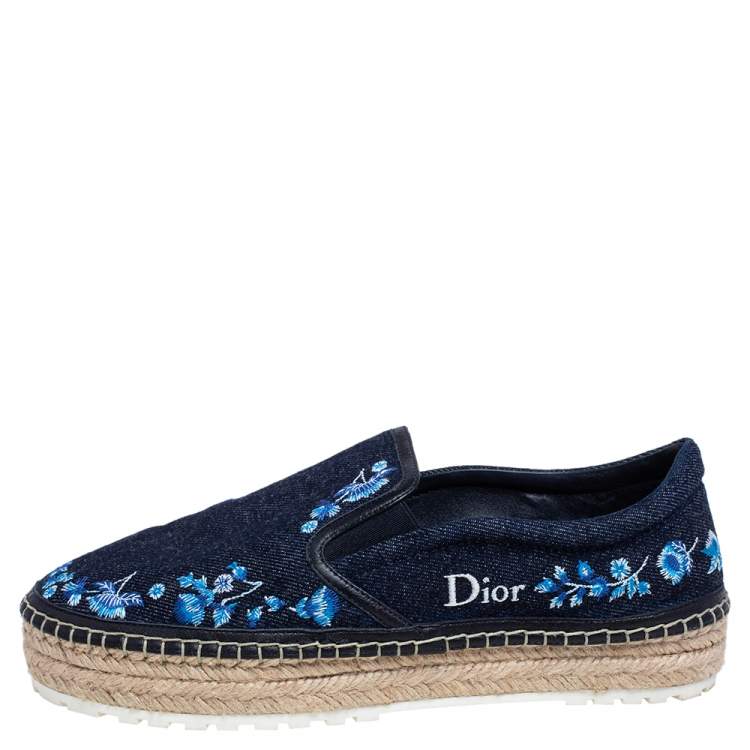 Pre Owned Dior Blue Floral Embroidered Denim Prairie Espadrille Slip On Sneakers Size 38