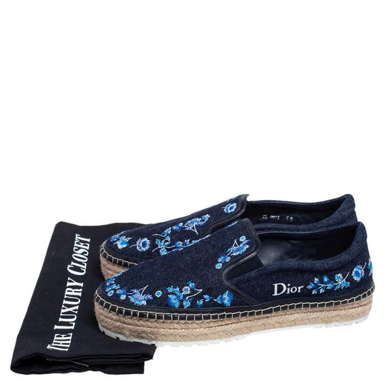 Pre Owned Dior Blue Floral Embroidered Denim Prairie Espadrille Slip On Sneakers Size 38