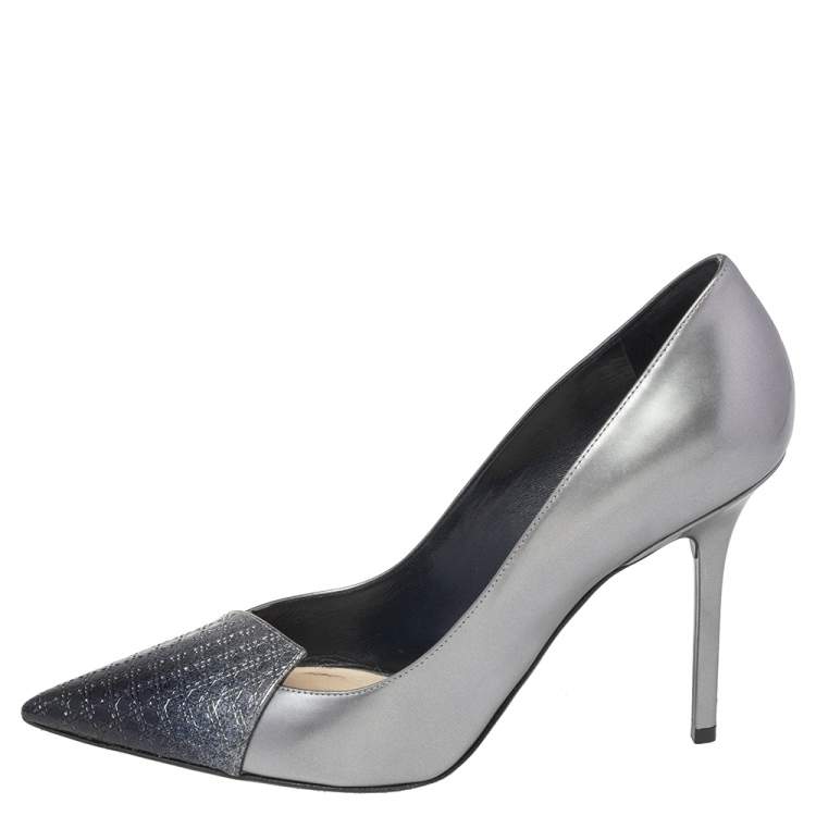 Pre Owned Dior Metallic Silver/Blue Leather Cannage Cap Toe Spade Pumps Size 40