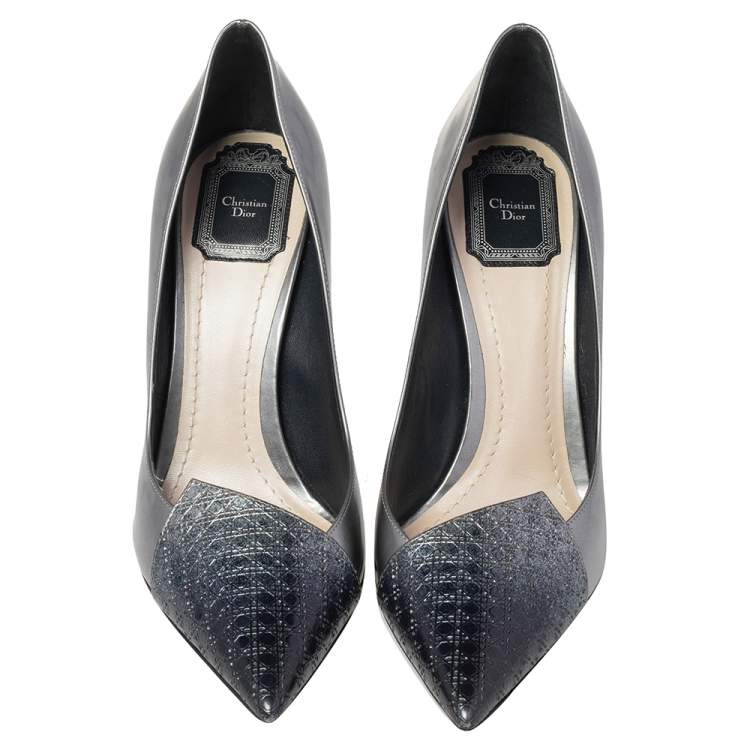 Pre Owned Dior Metallic Silver/Blue Leather Cannage Cap Toe Spade Pumps Size 40