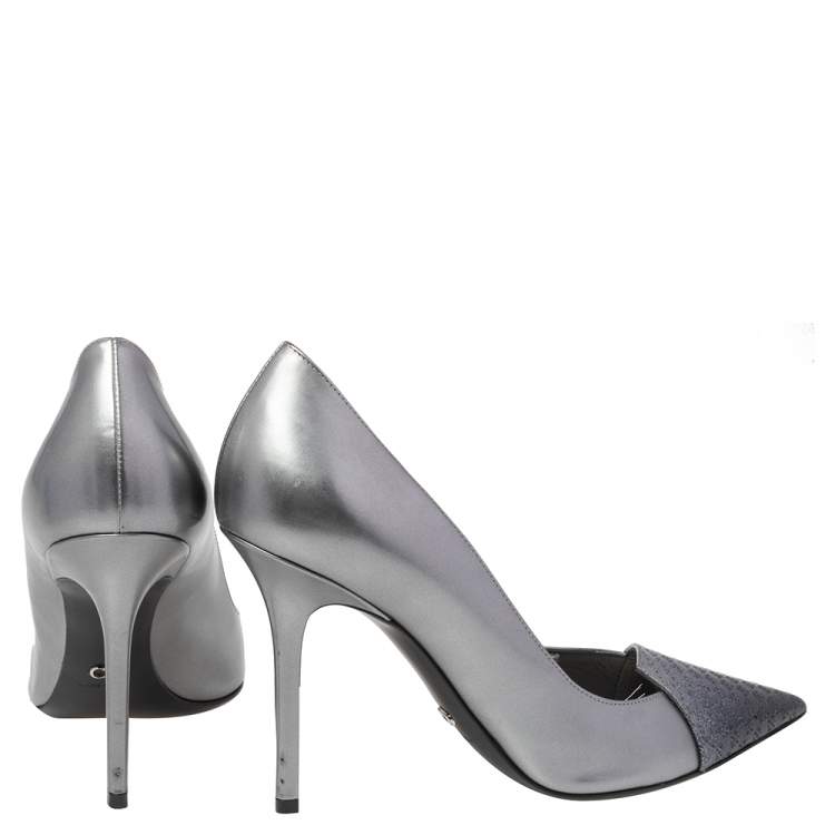Pre Owned Dior Metallic Silver/Blue Leather Cannage Cap Toe Spade Pumps Size 40