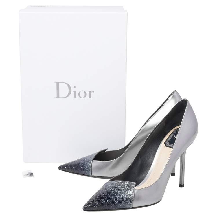 Pre Owned Dior Metallic Silver/Blue Leather Cannage Cap Toe Spade Pumps Size 40